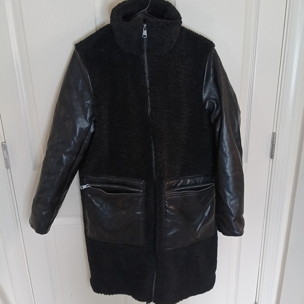 Marc New York Mixed Media Coat Womens XS Black Excellent Sherpa Faux Leather